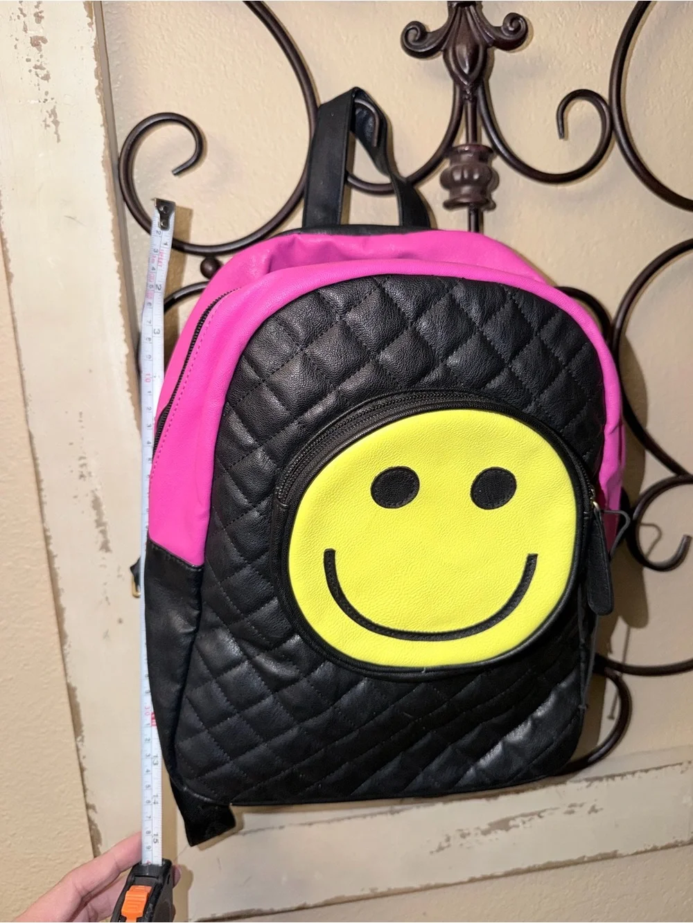 Betsey Johnson Black Quilted Backpack with Pink Trim & Yellow Smile Patch